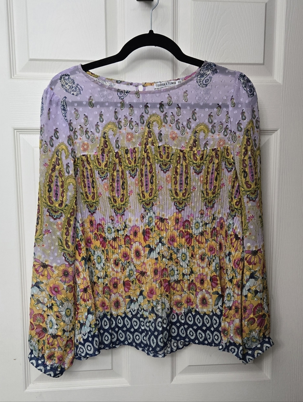 Figuero & Flower Lavender Floral Paisley Mixed-Print Long Sleeve Top Size: PXL